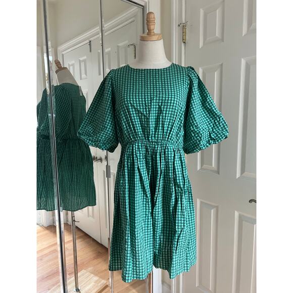 Madewell Green Gingham Crewneck Bubble-Sleeve Mini Dress in Polished Jade - Picture 1 of 16